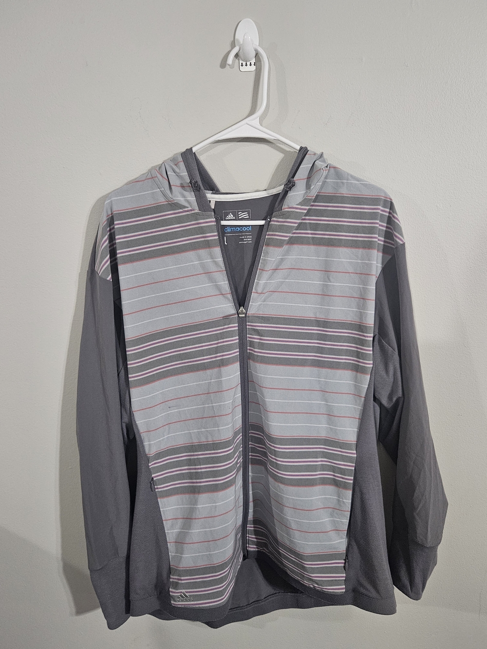 adidas Climacool Striped Zip-Up Hoodie — Gray & Light Gray with Pink Accents